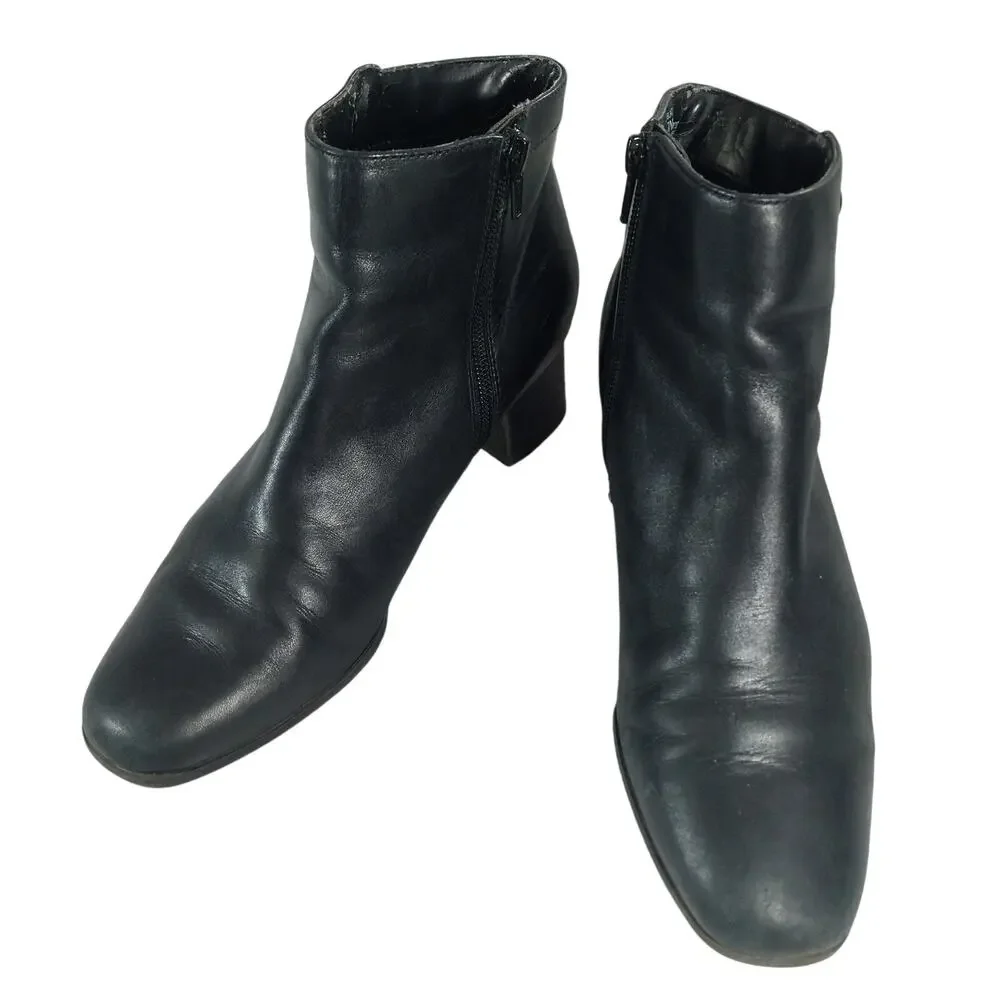 CROFT & BARROW! BLACK GENUINE LEATHER CHUNKY HEEL, NIPPED TOE ANKLE BOOTS! SZ 7M